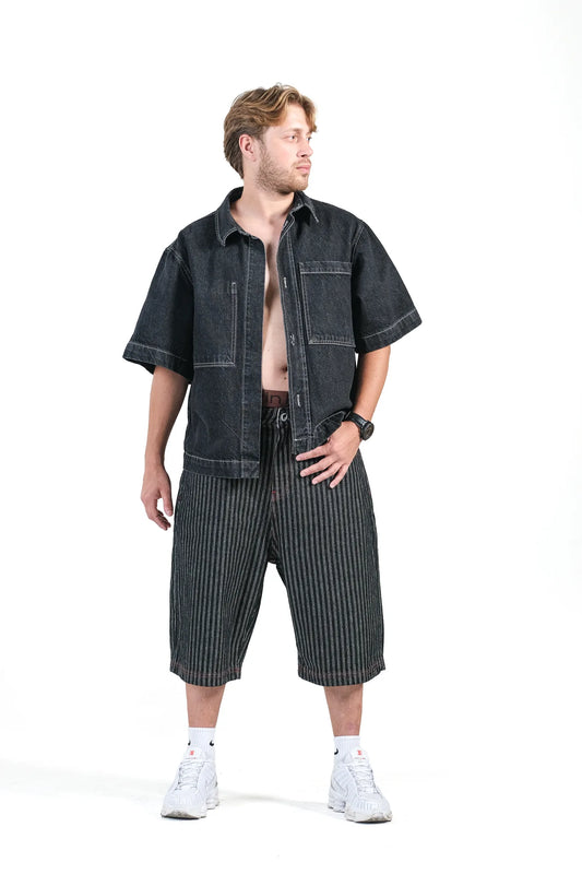 BLACK STRIPE DENIM JORTS