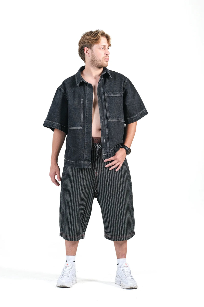 BLACK STRIPE DENIM JORTS