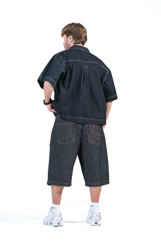 BLACK STRIPE DENIM JORTS